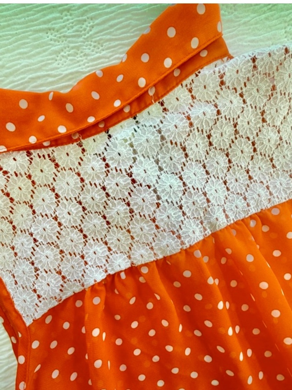 Sheer Chiffon Polka Dot Blouse Top orange white lace size L - Picture 6 of 6